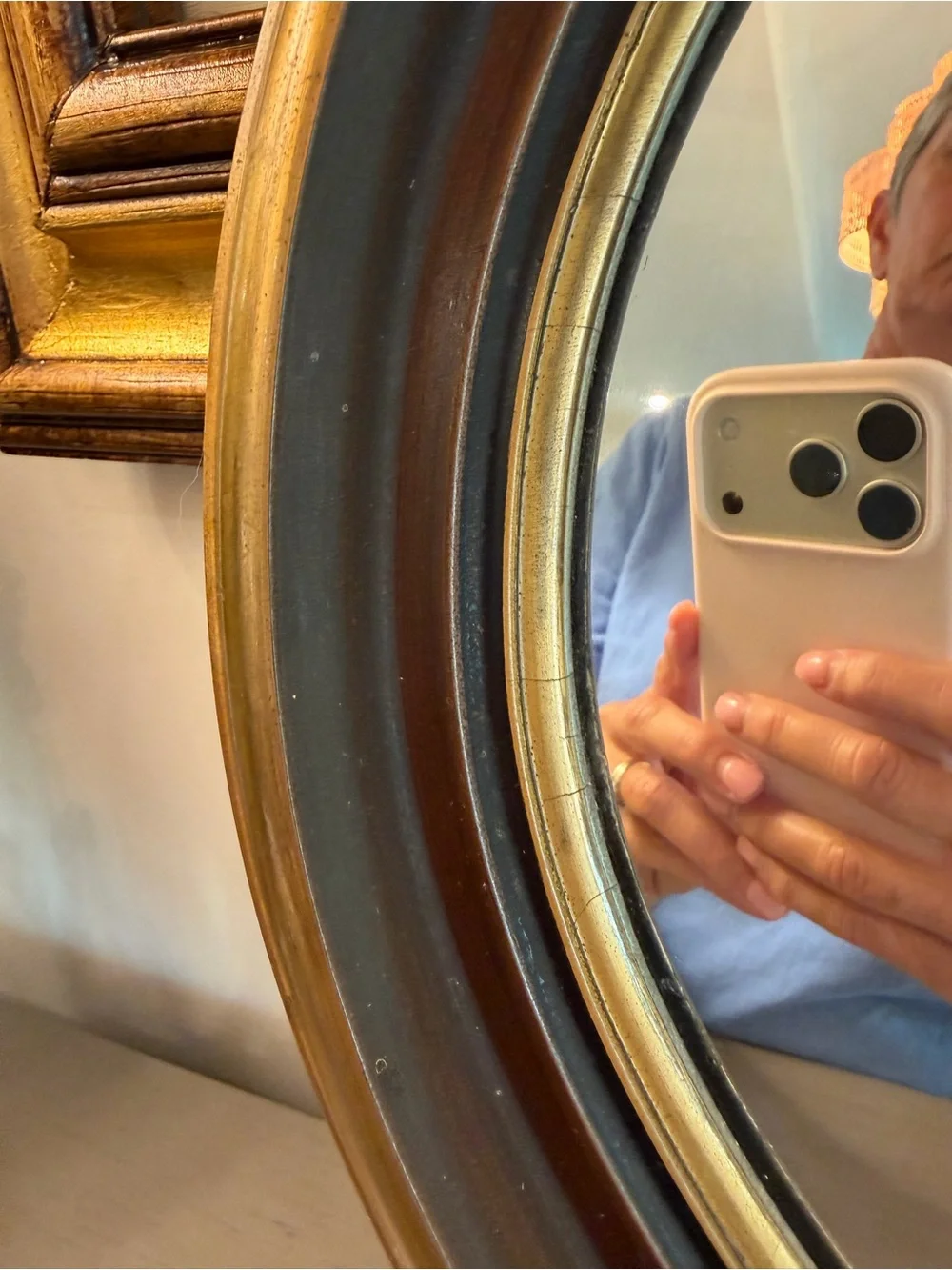 Antique Victorian Walnut Wooden Oval Wall Mirror 21x17” Gold Detail Deep Frame